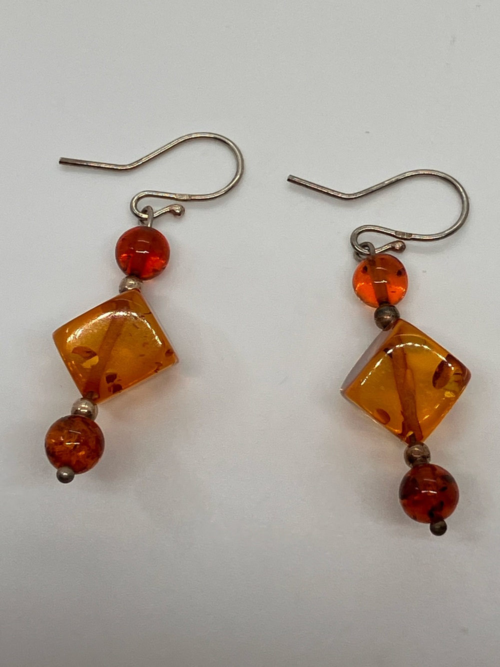 Vtg Baltic Amber Geometric Cube Sphere Dangle Drop Earrings 925